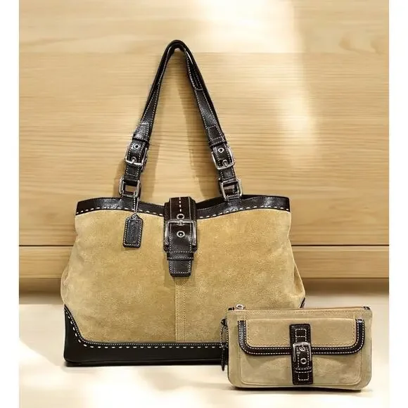 Y2K Coach F12620 Hamptons Suede Large Carryall Bag & Wristlet